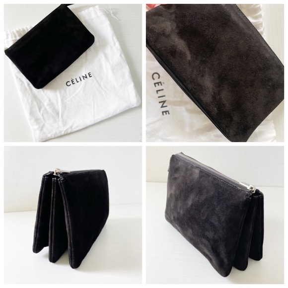 Celine black nappa suede leather trio zip pouch clutch vintage rare dustbag - Picture 2 of 9